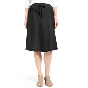 Eileen Fisher Organic Linen Midi Black Draw String Skirt Size Large